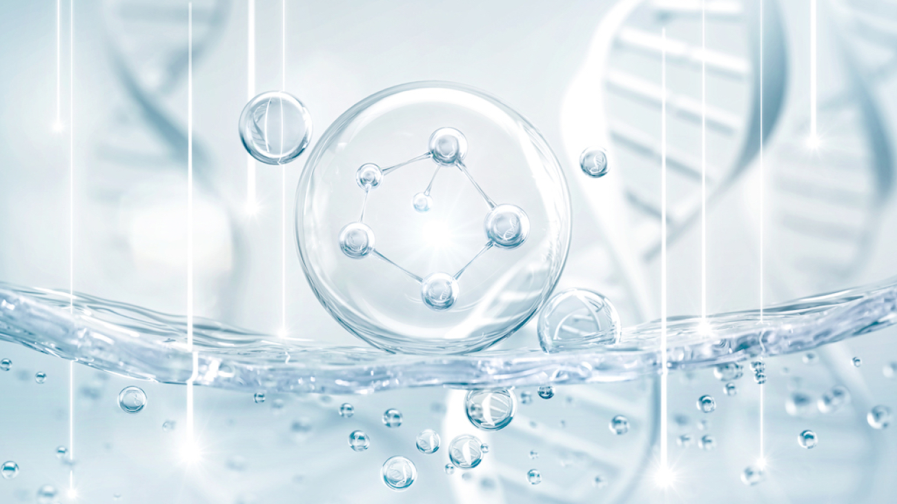 Cosmetic Essence, Blue Molecule in Liquid bubble, cosmetic concept background, 3d rendering.